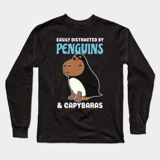 Easily Distracted by Penguins and Capybaras Cartoon Long Sleeve T-Shirt